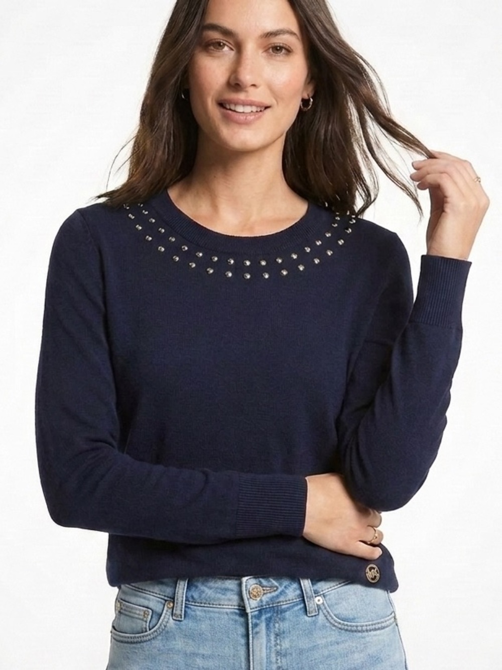 Michael Kors Navy Blue Studded Neckline Crewneck Sweater Medium 597